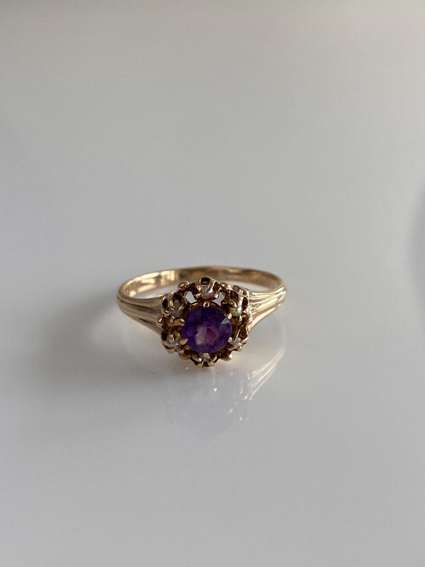 Solid 10k Yellow Gold Amethyst Seed Pearl Ring - Size 6.75