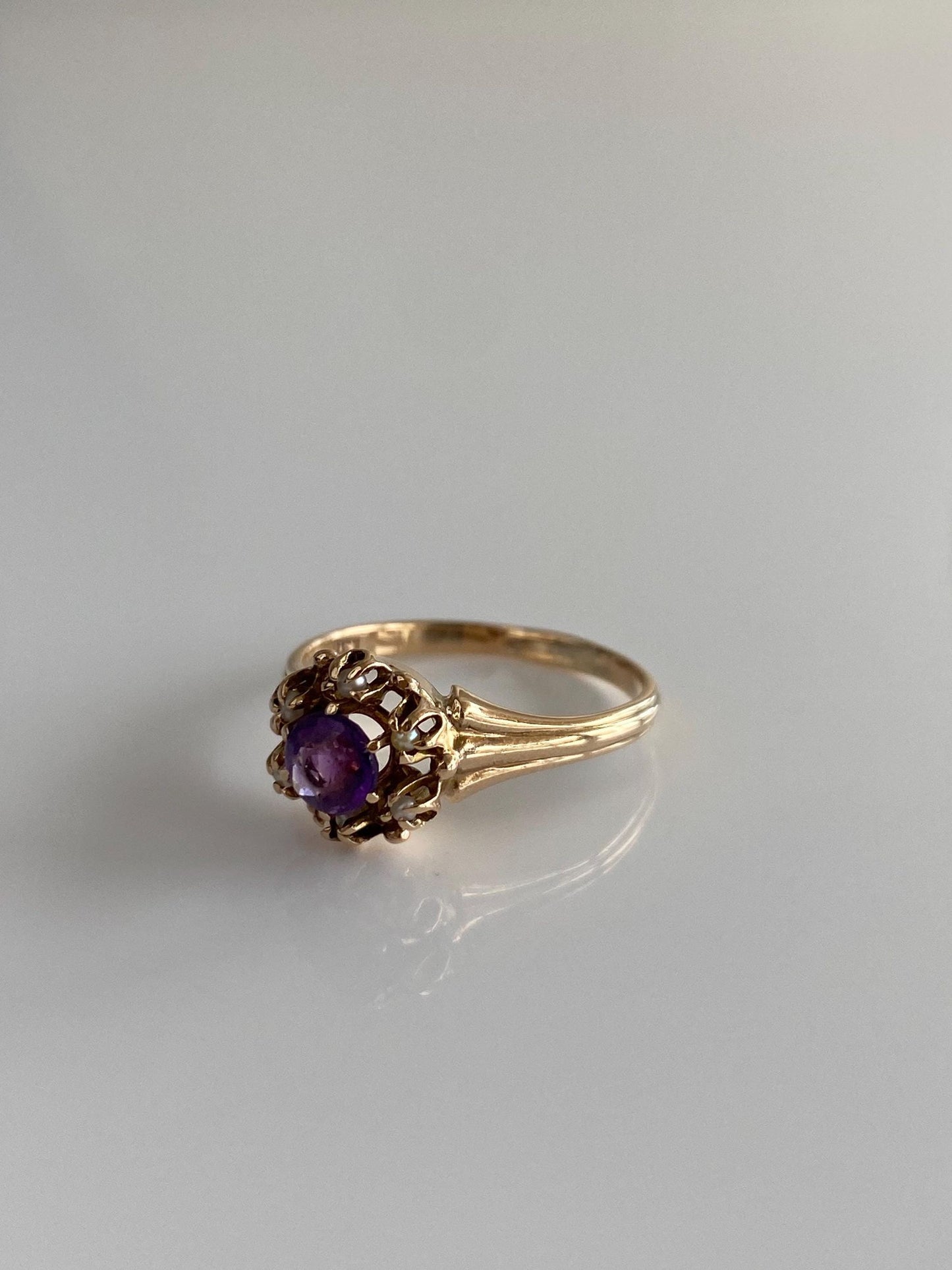 Solid 10k Yellow Gold Amethyst Seed Pearl Ring - Size 6.75