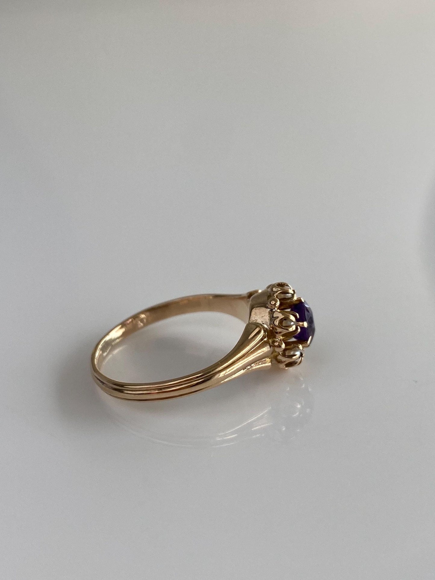 Solid 10k Yellow Gold Amethyst Seed Pearl Ring - Size 6.75