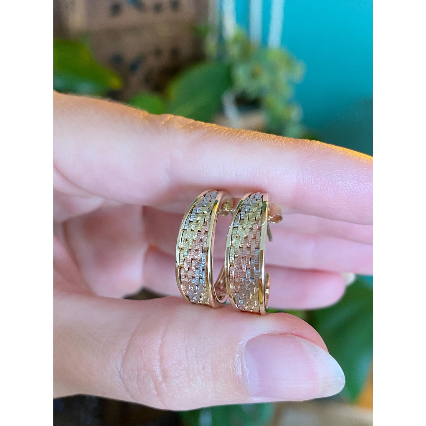 Solid 14k Tri Tone Gold Mesh Hoop Earrings