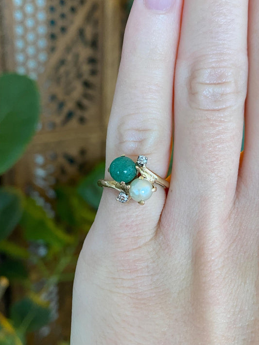 Vintage Solid 14k Yellow Gold Diamond Pearl Jade Ball Ring - Size 3.75