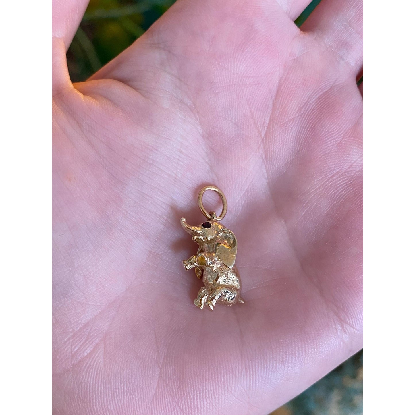 Vintage Solid 14k Yellow Gold Garnet Baby Elephant Charm