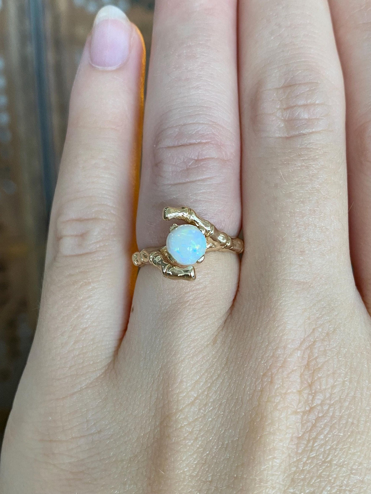 Vintage Solid 14k Yellow Gold Opal Bamboo Ring - Size 5.25
