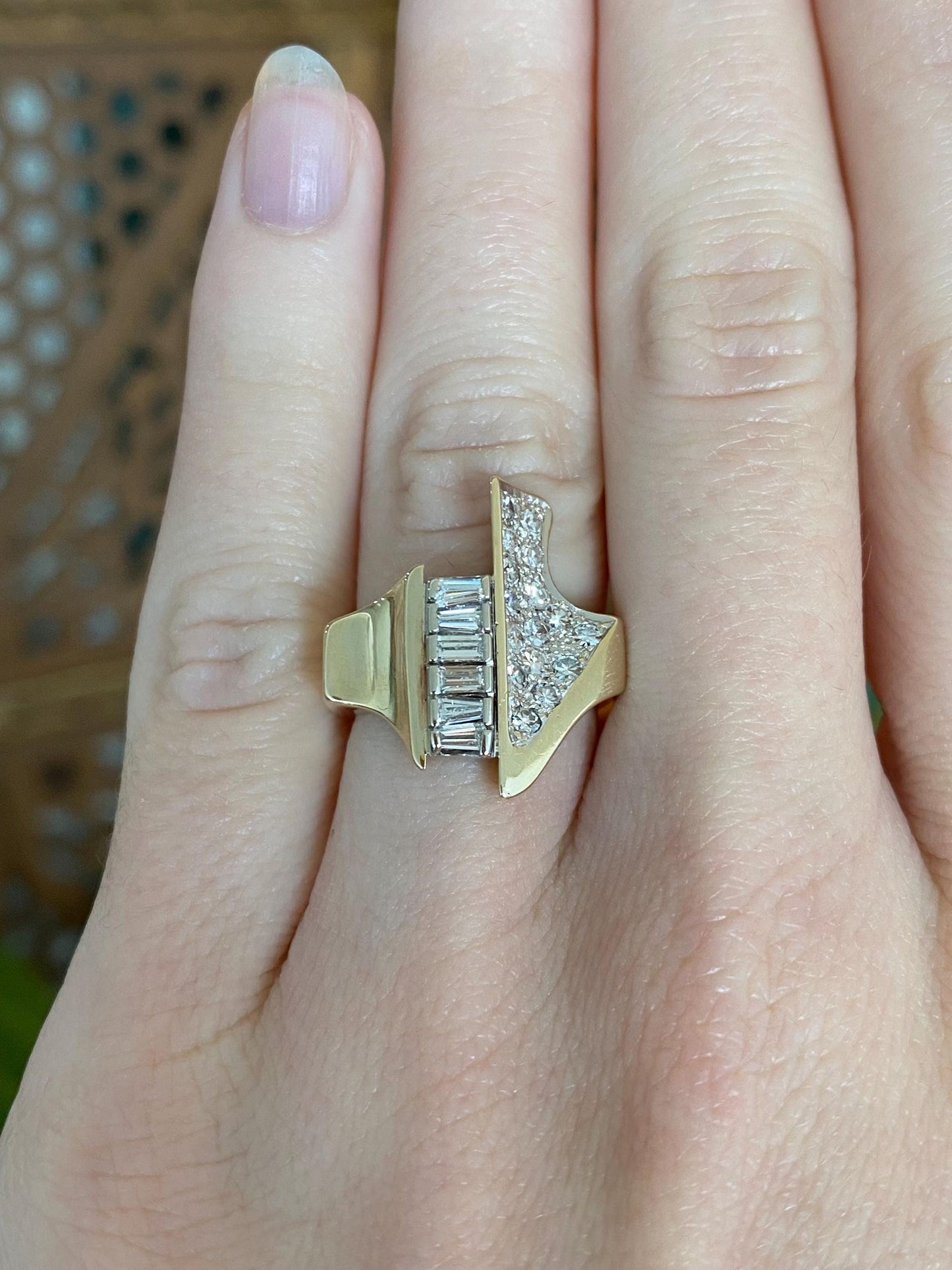 Vintage Solid 14k Yellow and White Gold Baguette & Round Diamond Ring Band - Size 5