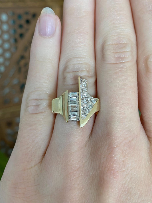 Vintage Solid 14k Yellow and White Gold Baguette & Round Diamond Ring Band - Size 5