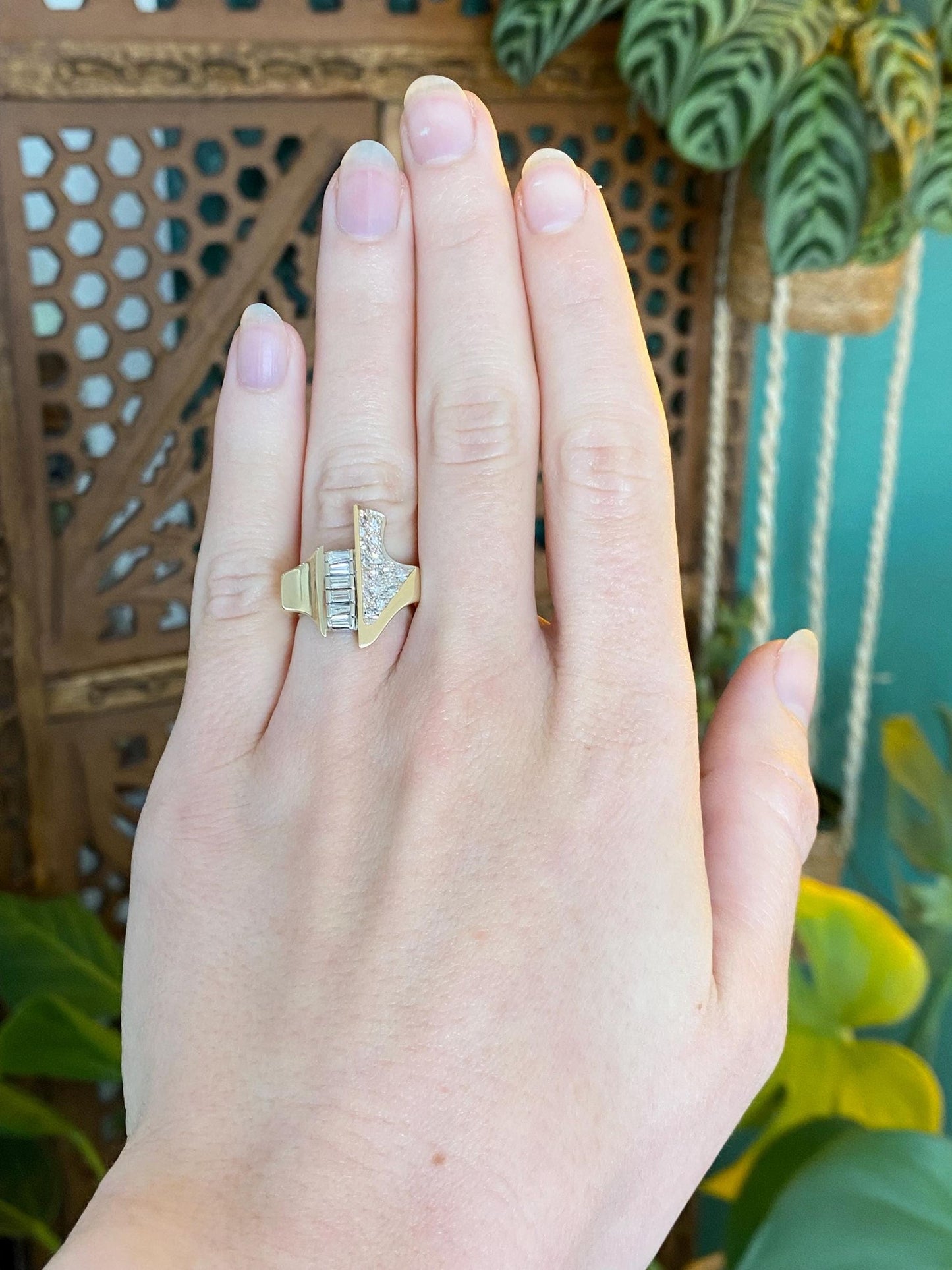 Vintage Solid 14k Yellow and White Gold Baguette & Round Diamond Ring Band - Size 5