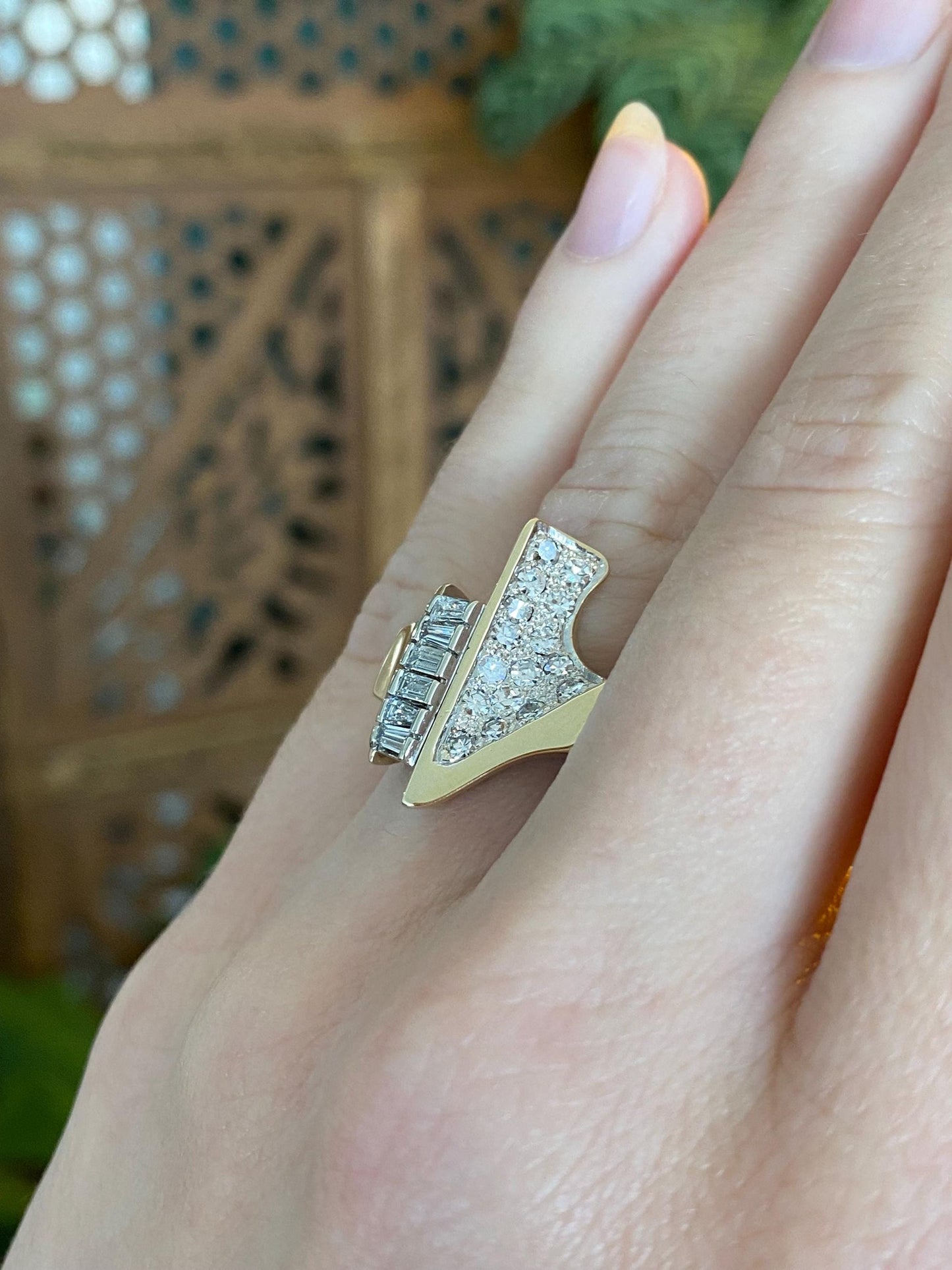 Vintage Solid 14k Yellow and White Gold Baguette & Round Diamond Ring Band - Size 5