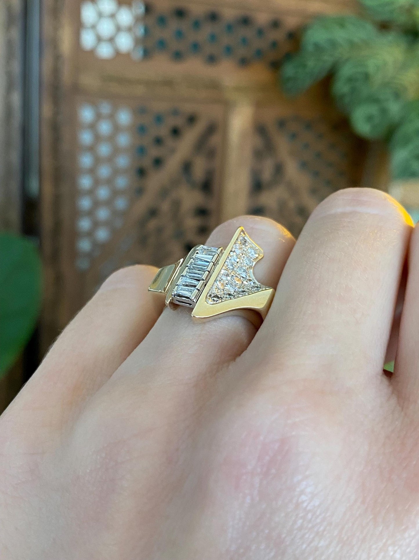 Vintage Solid 14k Yellow and White Gold Baguette & Round Diamond Ring Band - Size 5