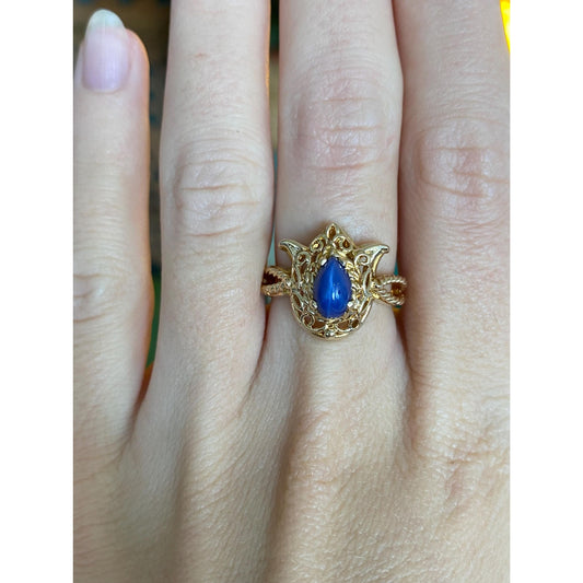 Vintage Solid 10k Yellow Gold Blue Star Sapphire Tulip Ring - Size 6