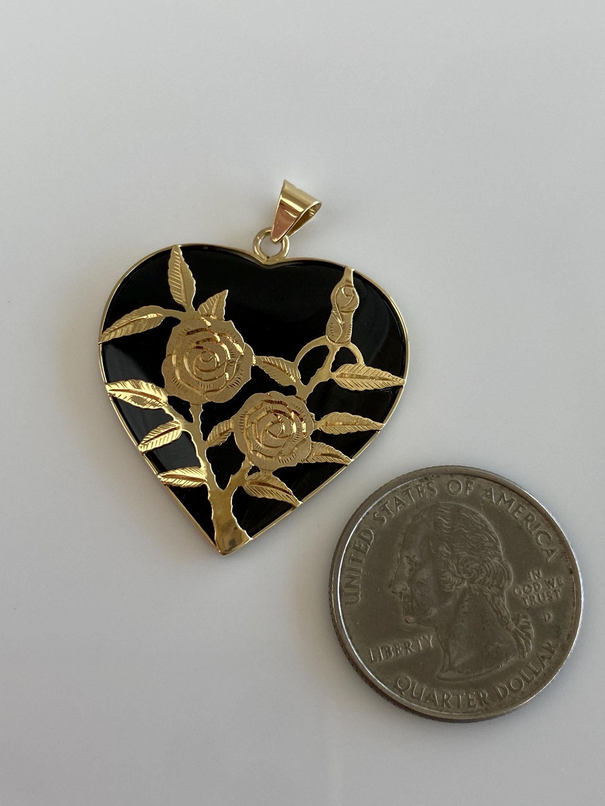Vintage Solid 14k Yellow Gold Black Onyx Heart Floral Overlay Charm