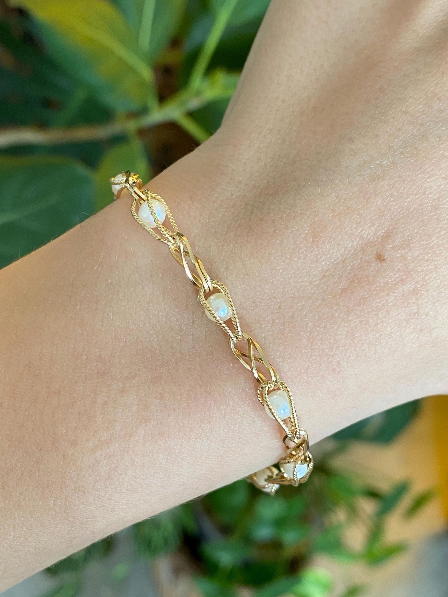 Vintage Solid 14k Yellow Gold Pearls Open Link Bracelet - 7 inches