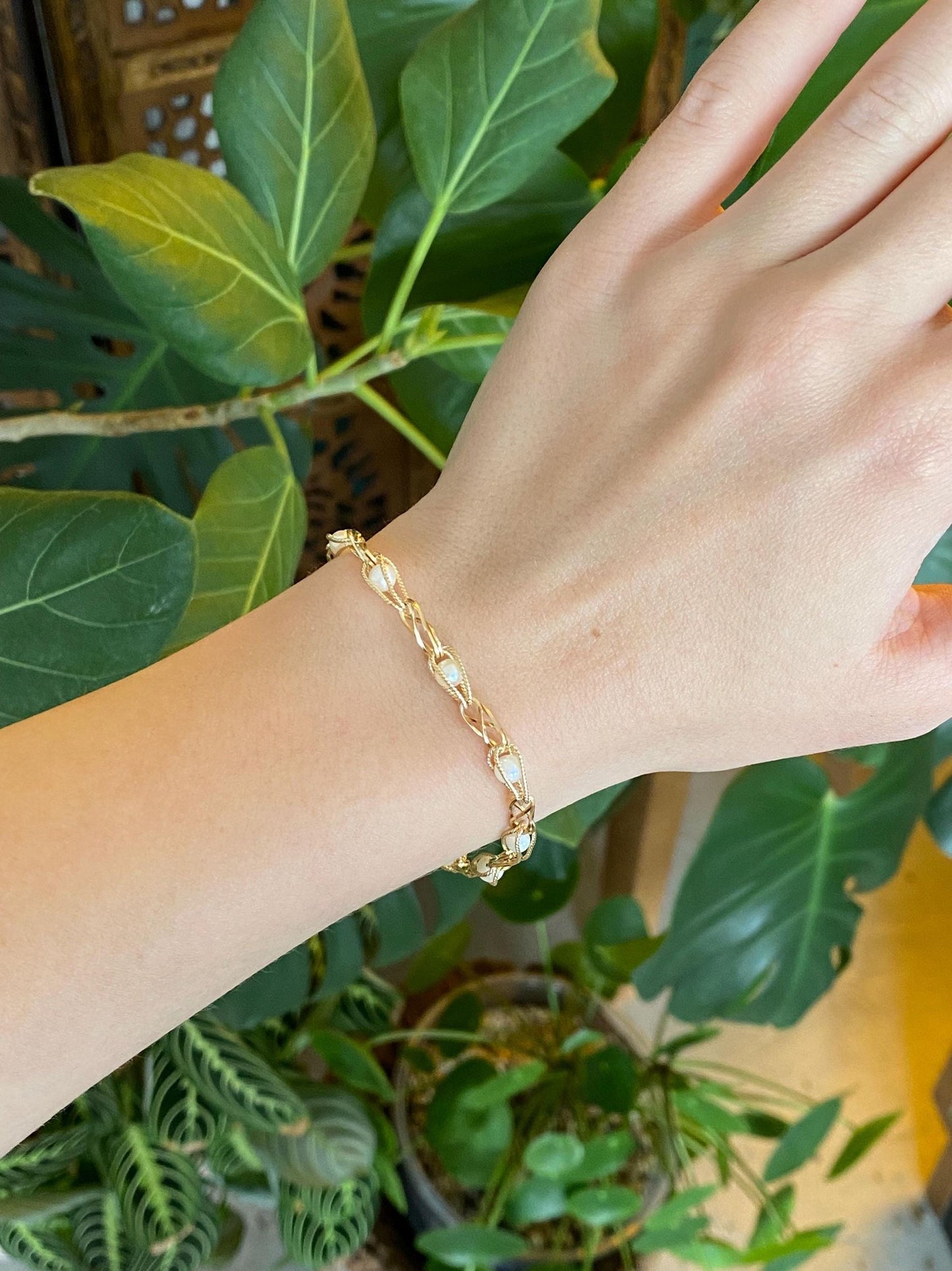 Vintage Solid 14k Yellow Gold Pearls Open Link Bracelet - 7 inches