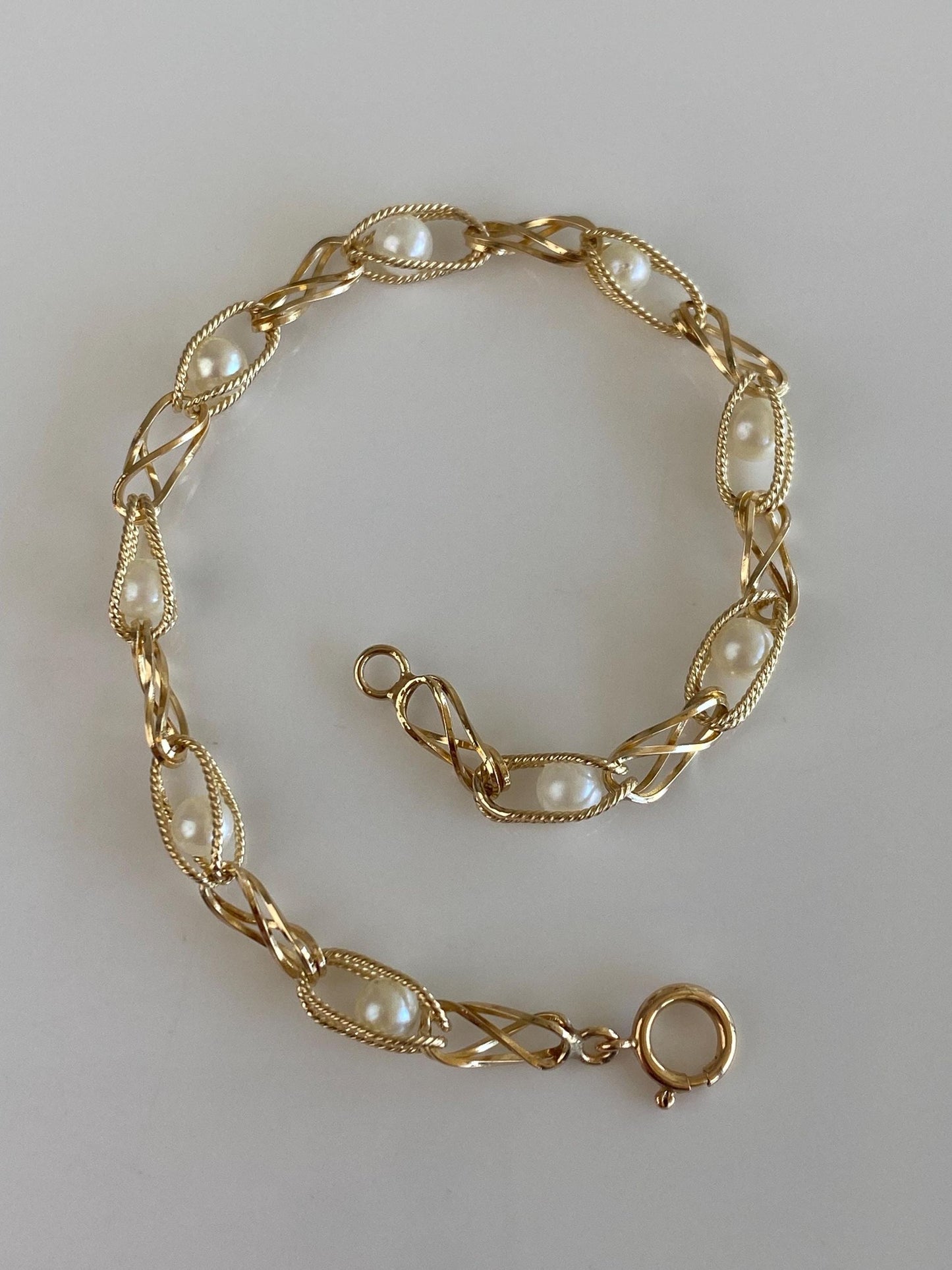 Vintage Solid 14k Yellow Gold Pearls Open Link Bracelet - 7 inches