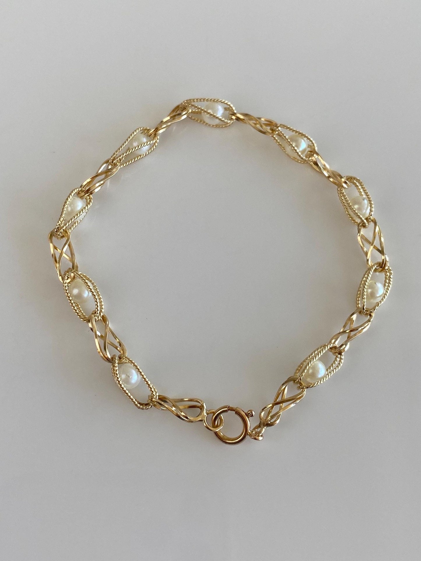 Vintage Solid 14k Yellow Gold Pearls Open Link Bracelet - 7 inches