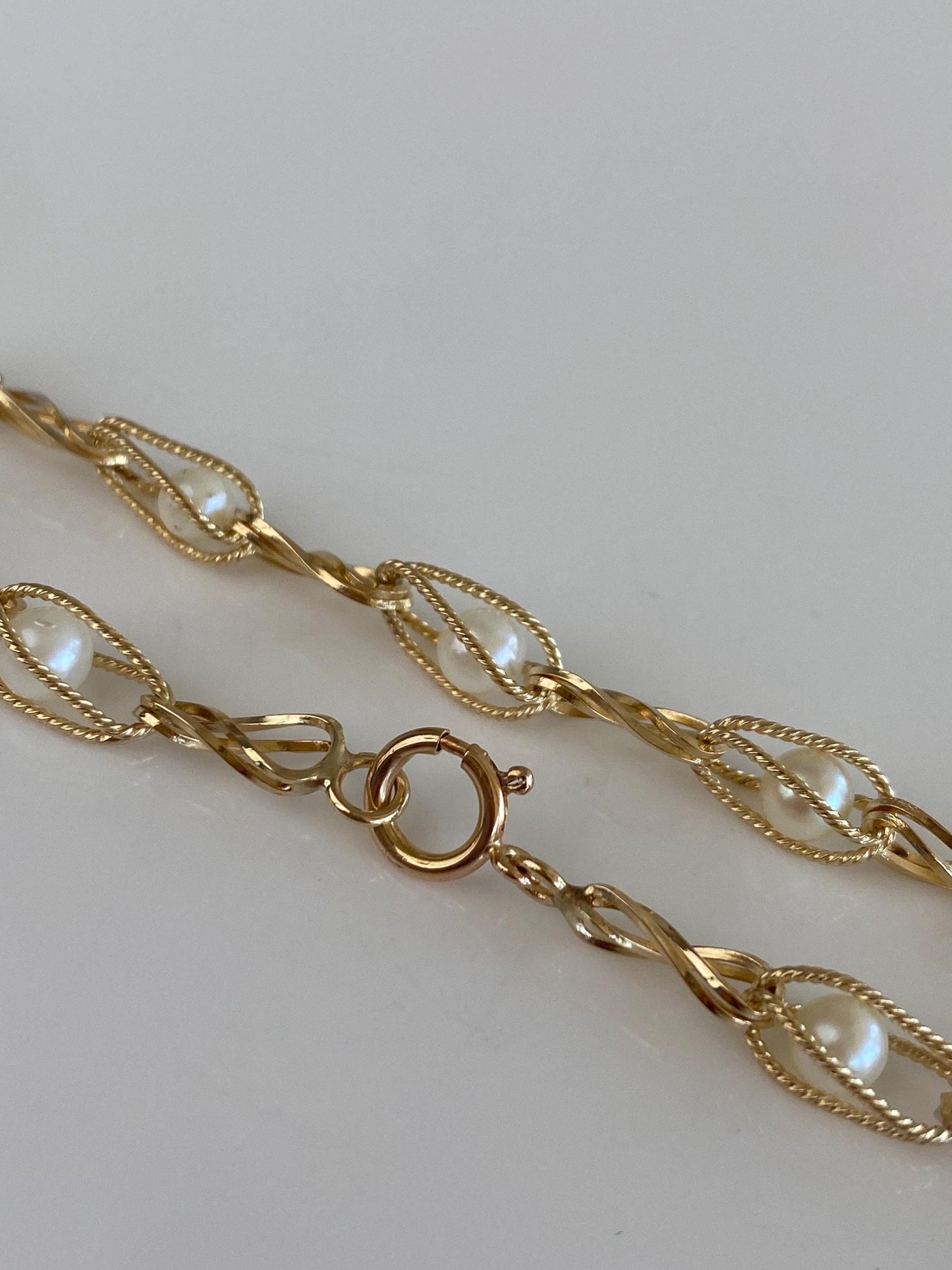 Vintage Solid 14k Yellow Gold Pearls Open Link Bracelet - 7 inches