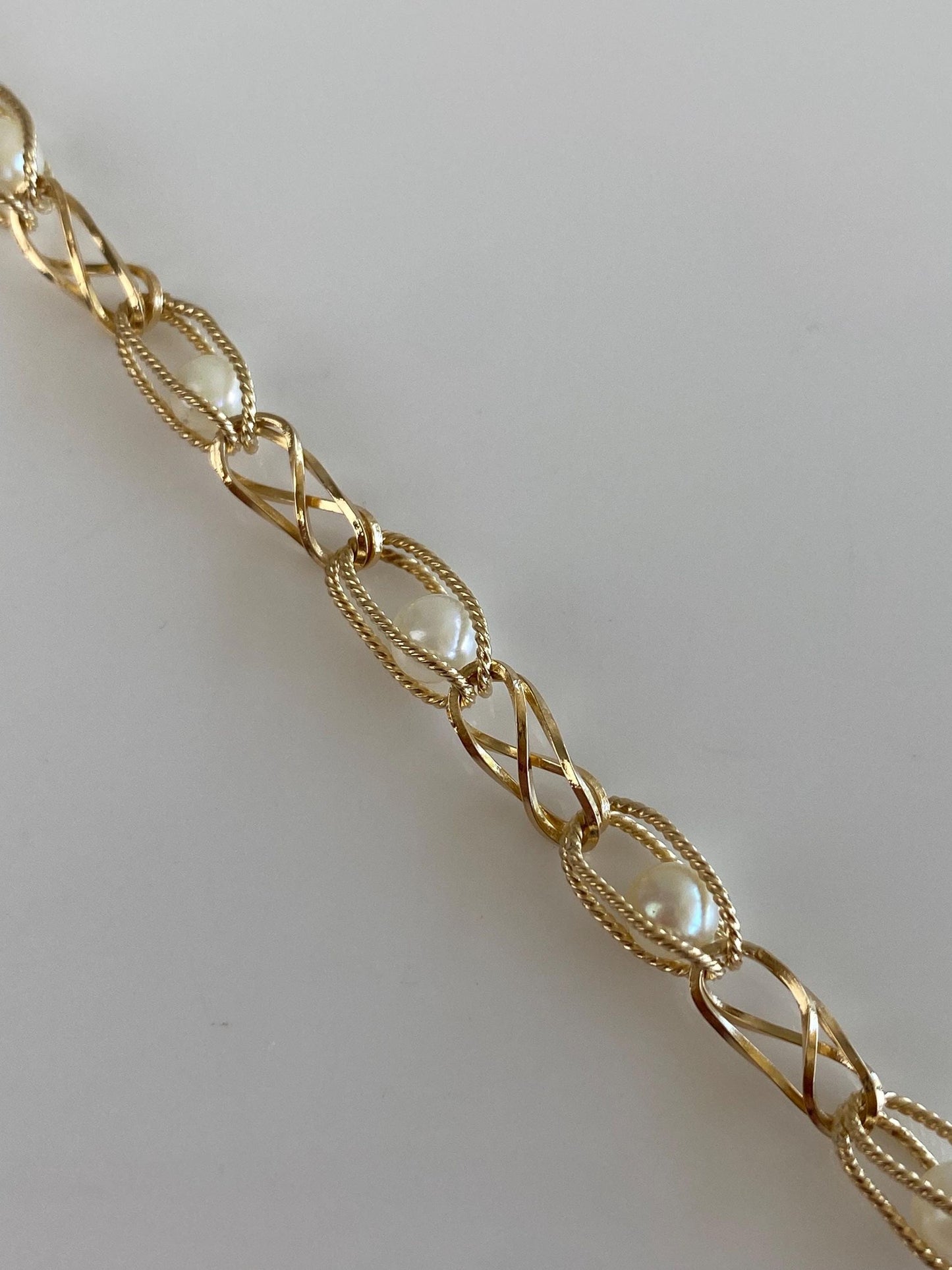 Vintage Solid 14k Yellow Gold Pearls Open Link Bracelet - 7 inches