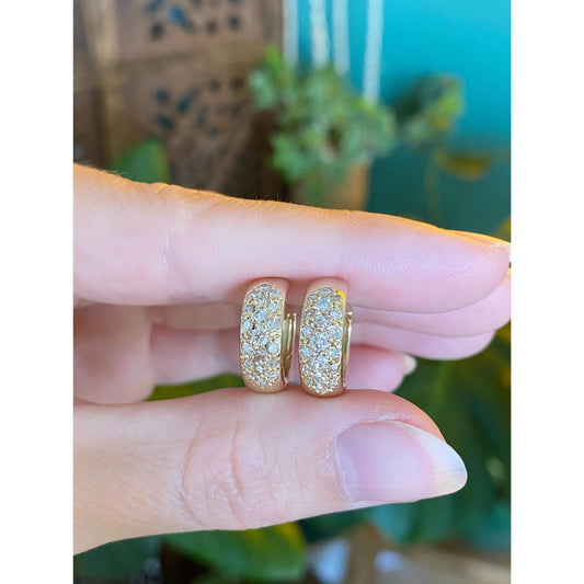 Vintage Solid 14k Yellow Gold Diamond Huggie Hoop Earrings