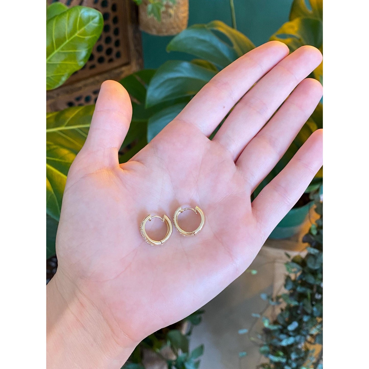 Vintage Solid 14k Yellow Gold Diamond Huggie Hoop Earrings