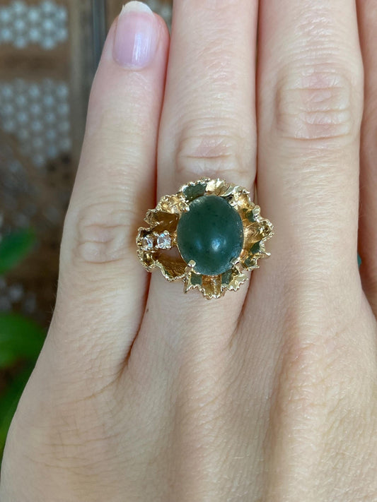 Vintage Solid 14k Yellow Gold Organic Nephrite Clear Quartz Ring - Size 6