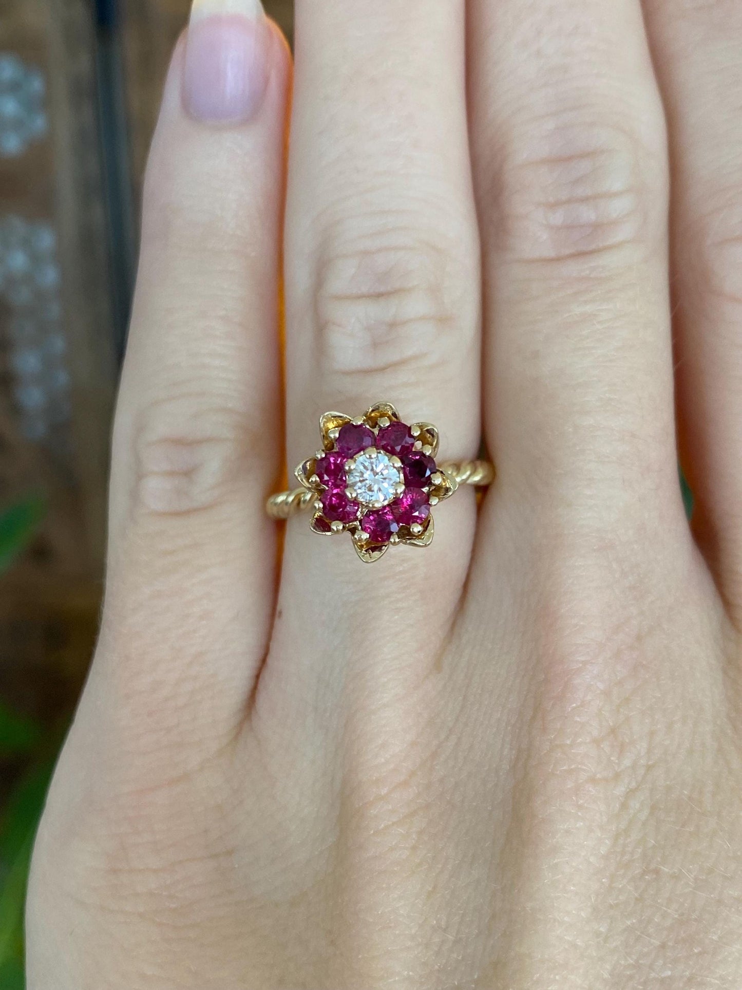 Vintage Solid 14k Yellow Gold Diamond Pink Sapphire Halo Flower Ring - Size 4.75