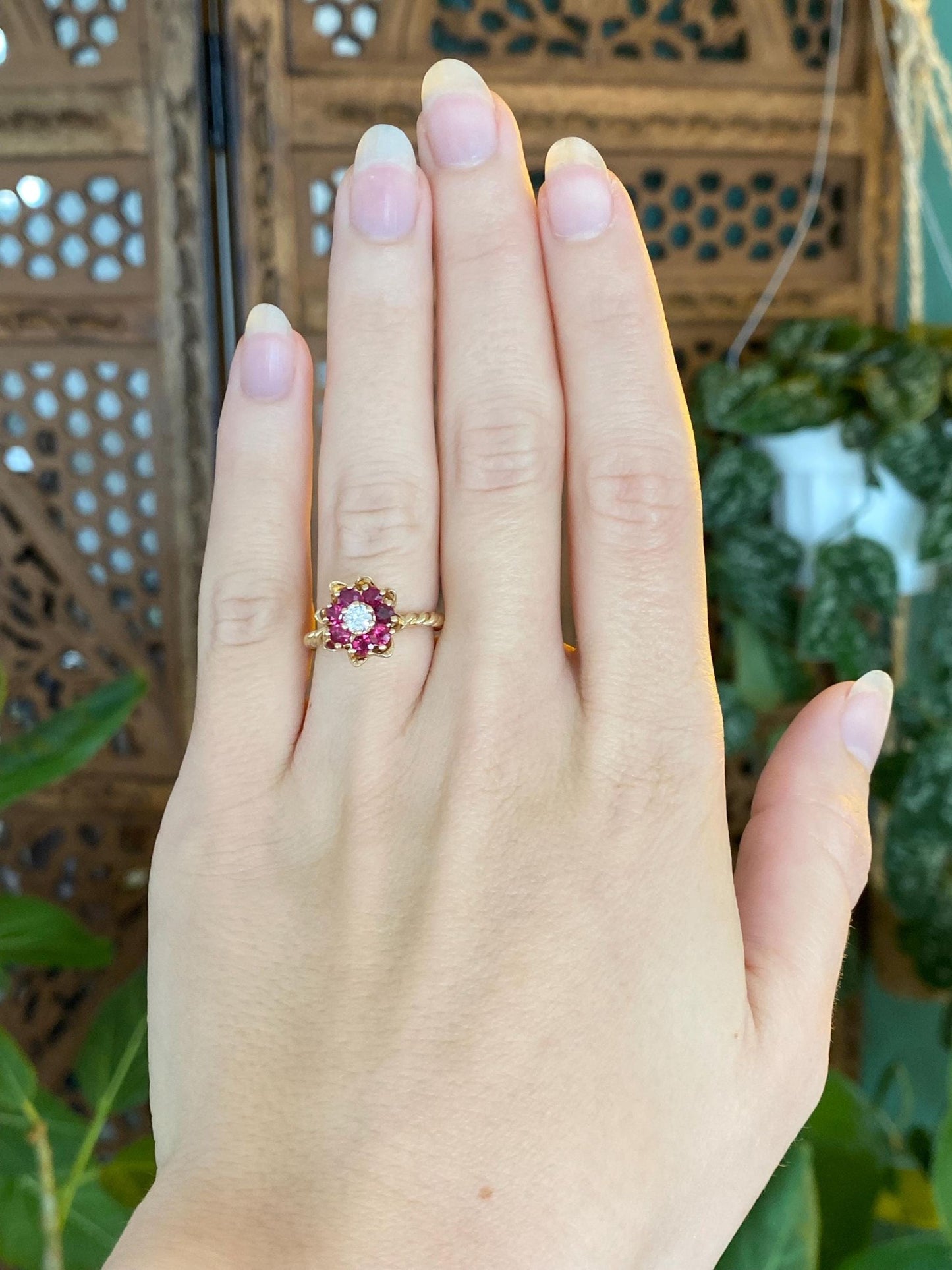 Vintage Solid 14k Yellow Gold Diamond Pink Sapphire Halo Flower Ring - Size 4.75