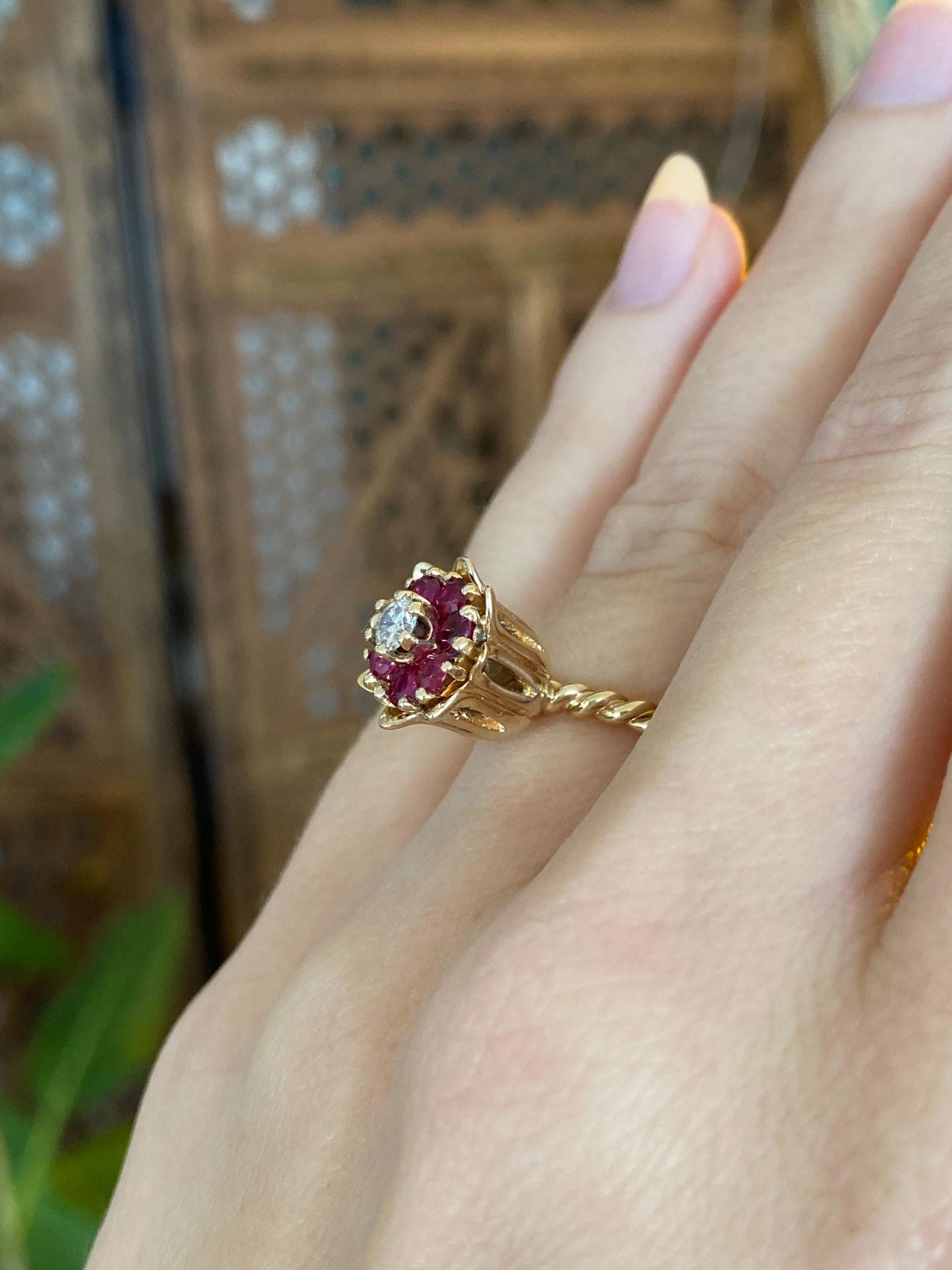 Vintage Solid 14k Yellow Gold Diamond Pink Sapphire Halo Flower Ring - Size 4.75