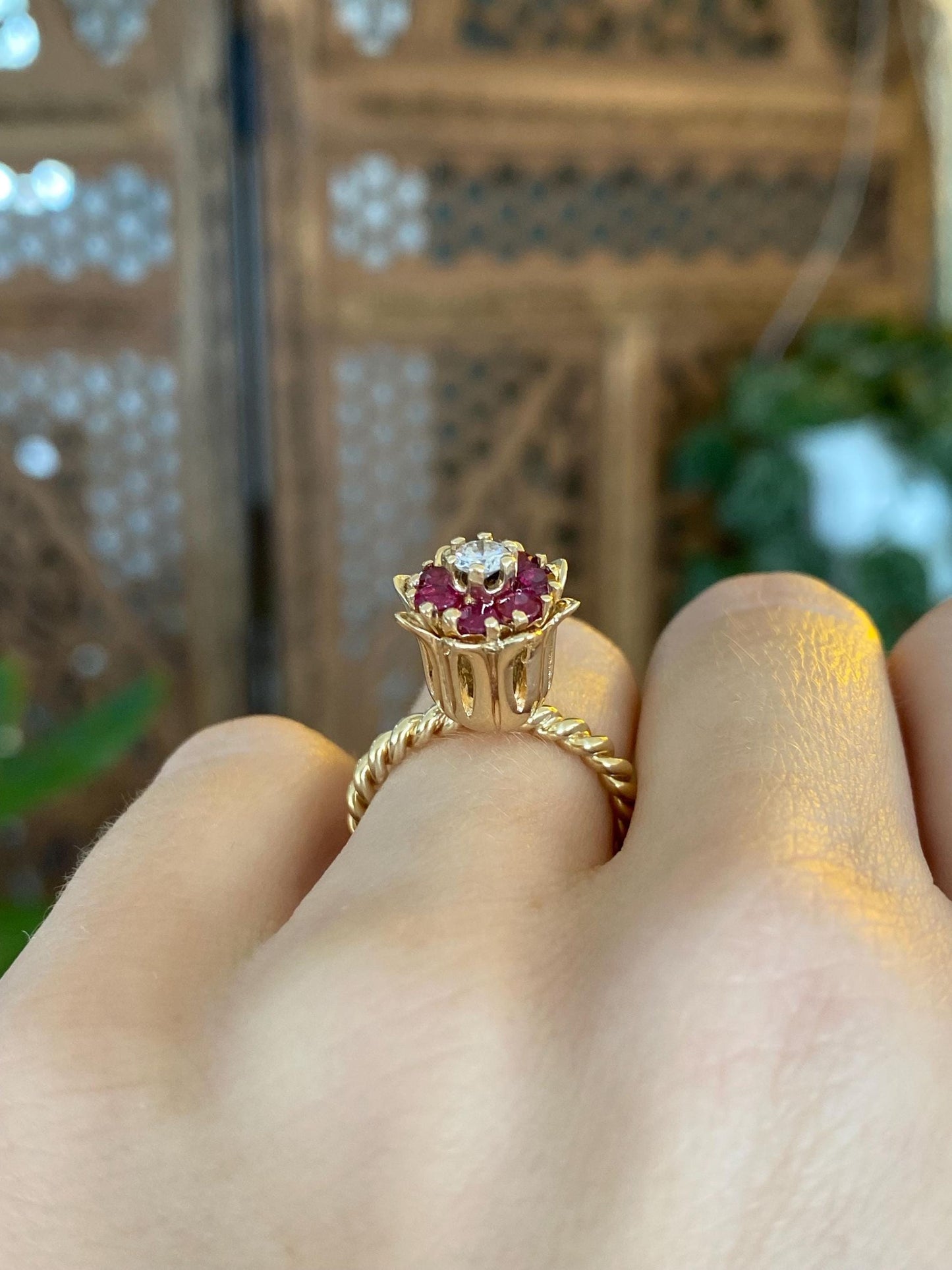 Vintage Solid 14k Yellow Gold Diamond Pink Sapphire Halo Flower Ring - Size 4.75