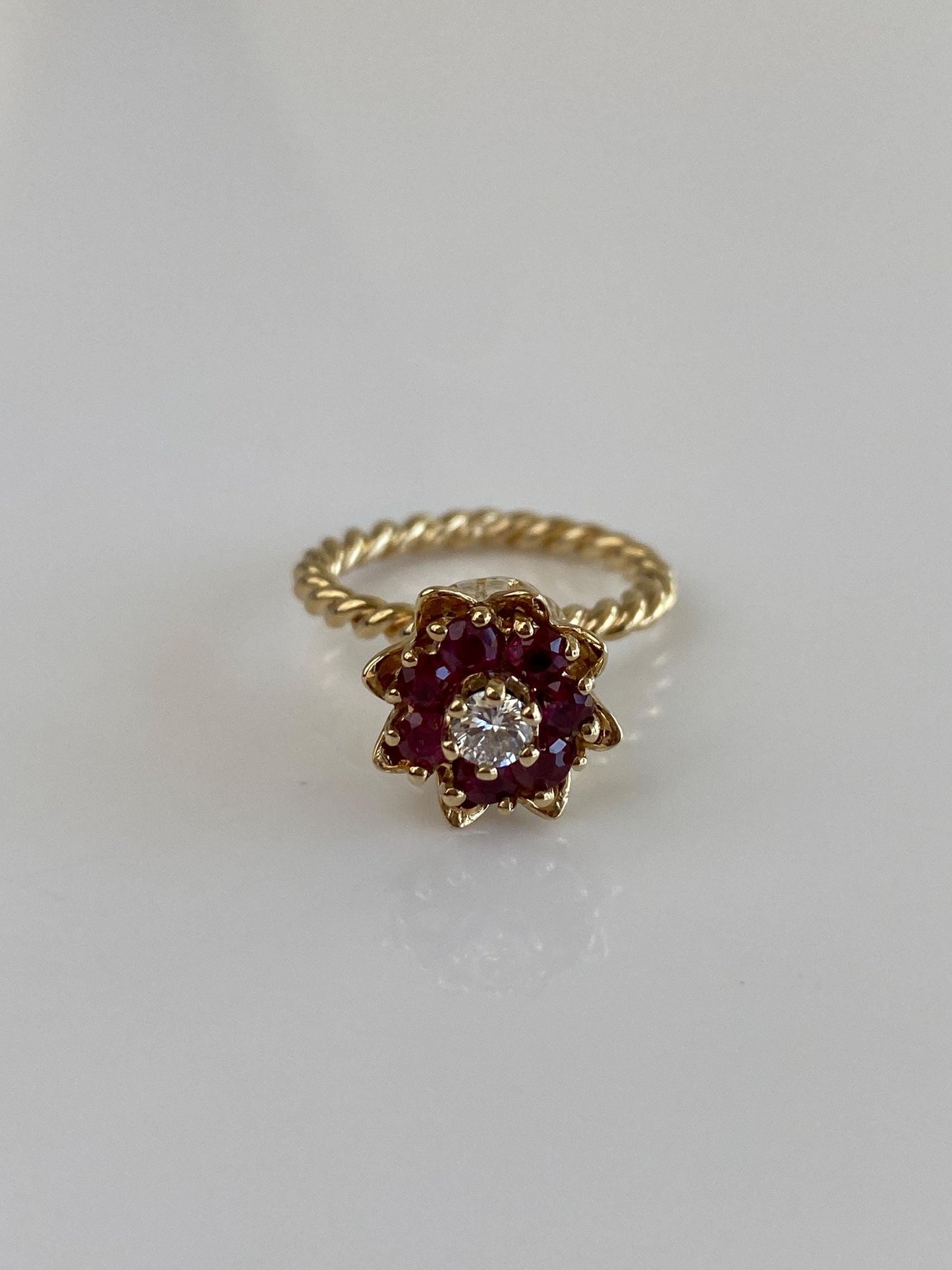 Vintage Solid 14k Yellow Gold Diamond Pink Sapphire Halo Flower Ring - Size 4.75