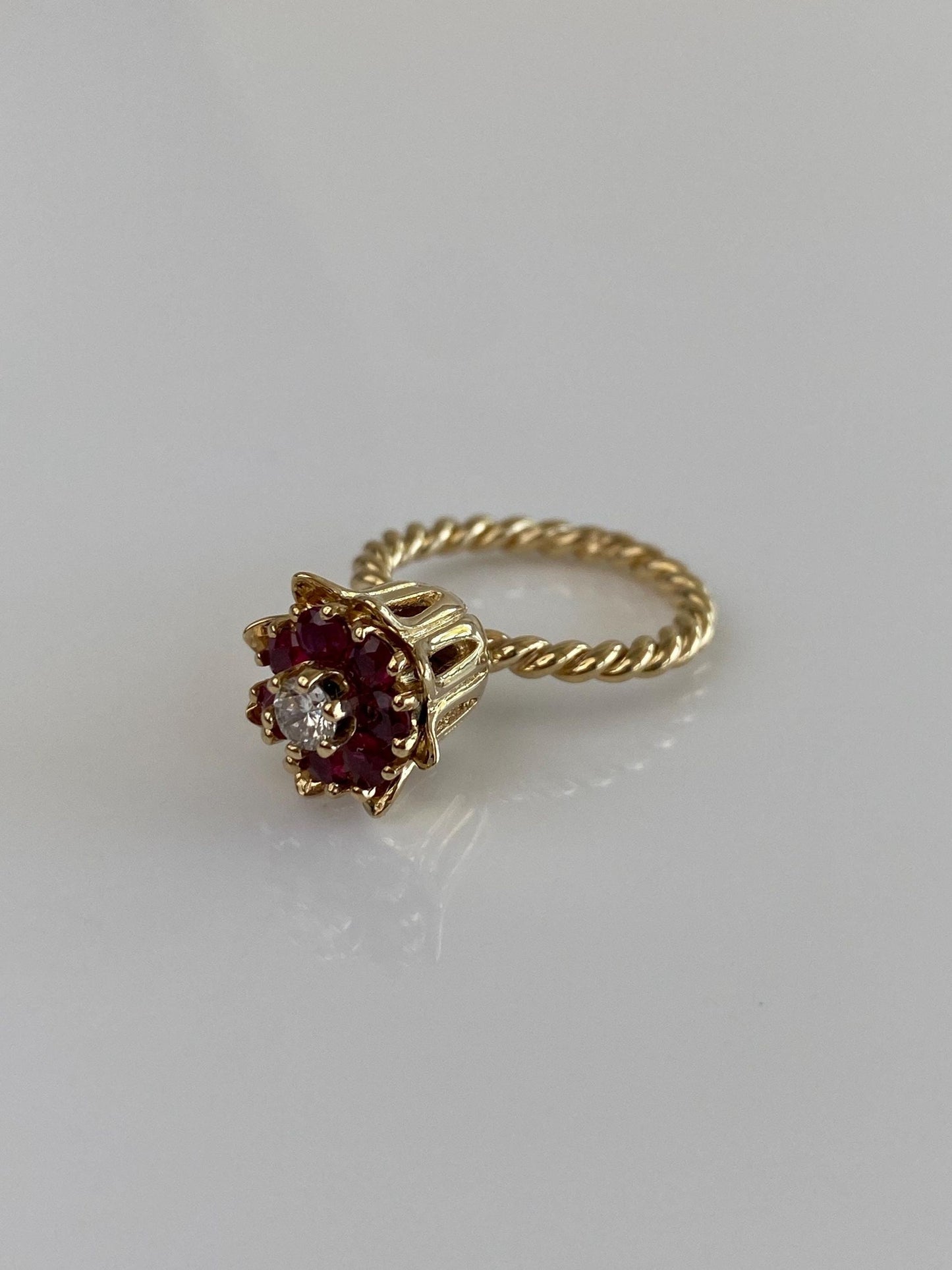 Vintage Solid 14k Yellow Gold Diamond Pink Sapphire Halo Flower Ring - Size 4.75