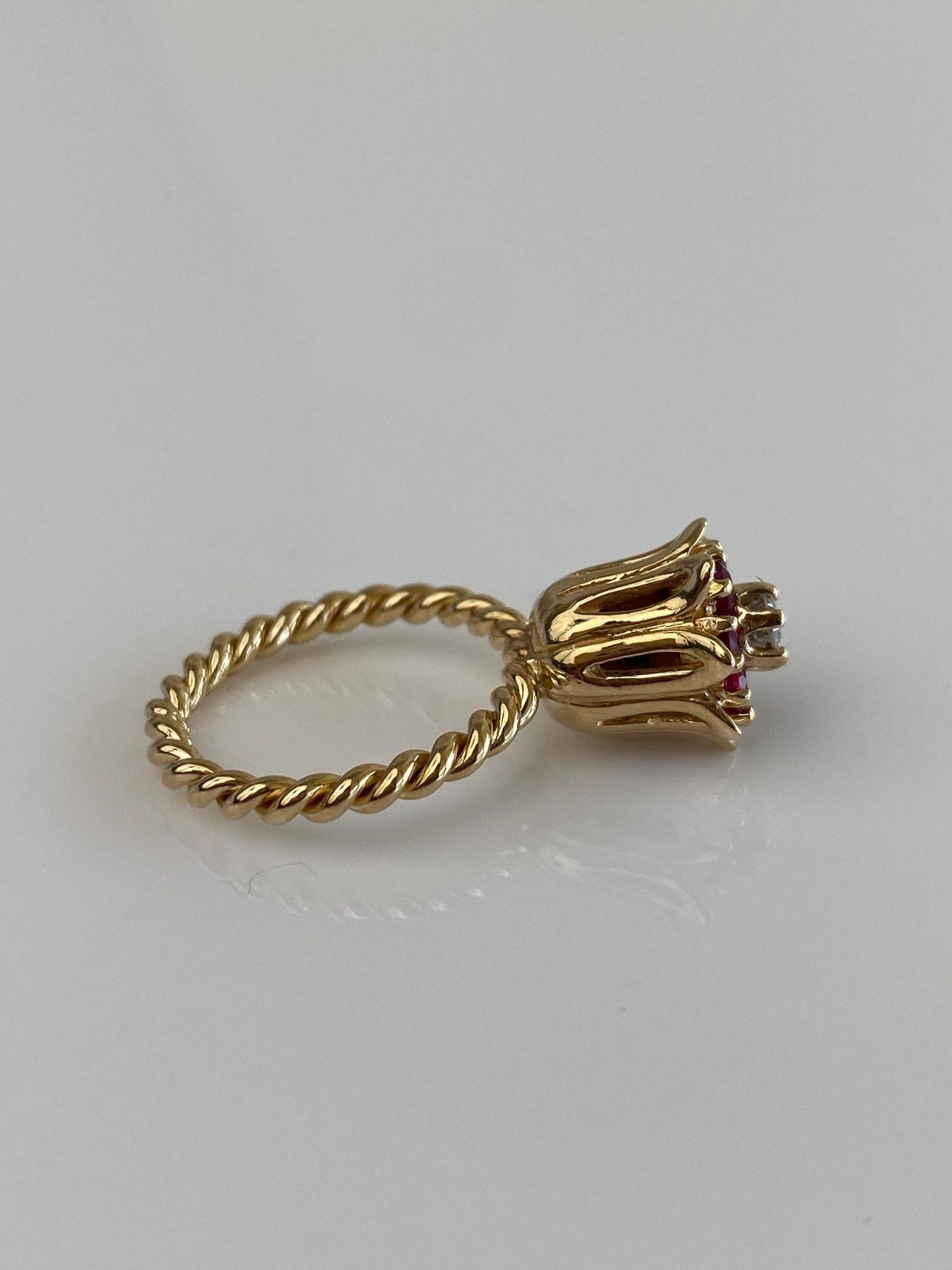 Vintage Solid 14k Yellow Gold Diamond Pink Sapphire Halo Flower Ring - Size 4.75