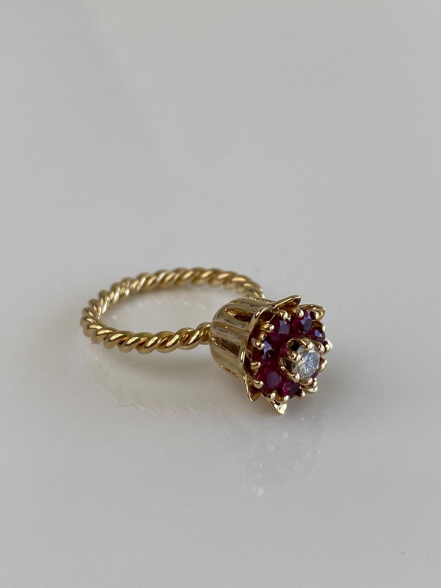 Vintage Solid 14k Yellow Gold Diamond Pink Sapphire Halo Flower Ring - Size 4.75
