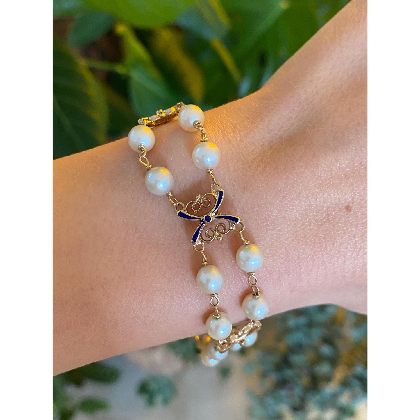 Vintage Solid 14k Yellow Gold Blue Enamel Pearls Link Bracelet - 7.75 inches