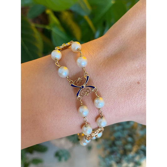 Vintage Solid 14k Yellow Gold Blue Enamel Pearls Link Bracelet - 7.75 inches