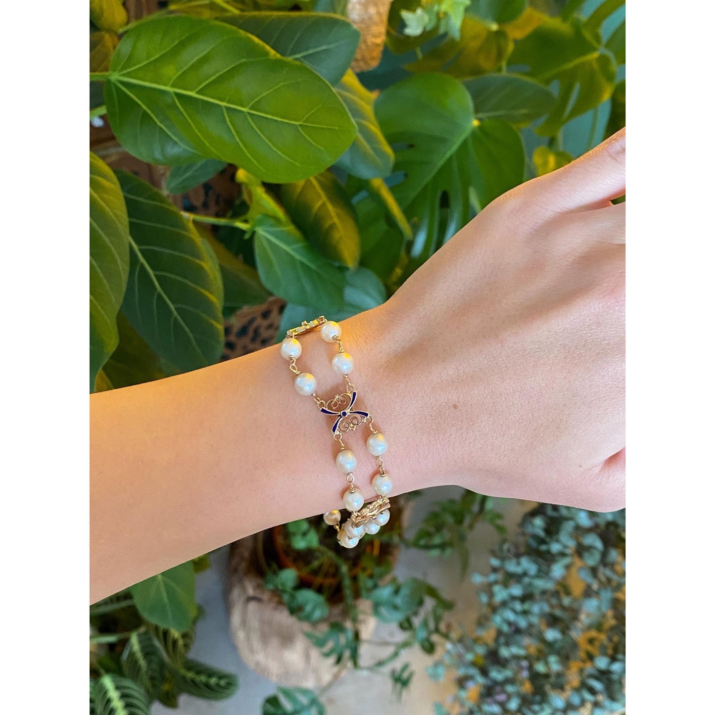 Vintage Solid 14k Yellow Gold Blue Enamel Pearls Link Bracelet - 7.75 inches