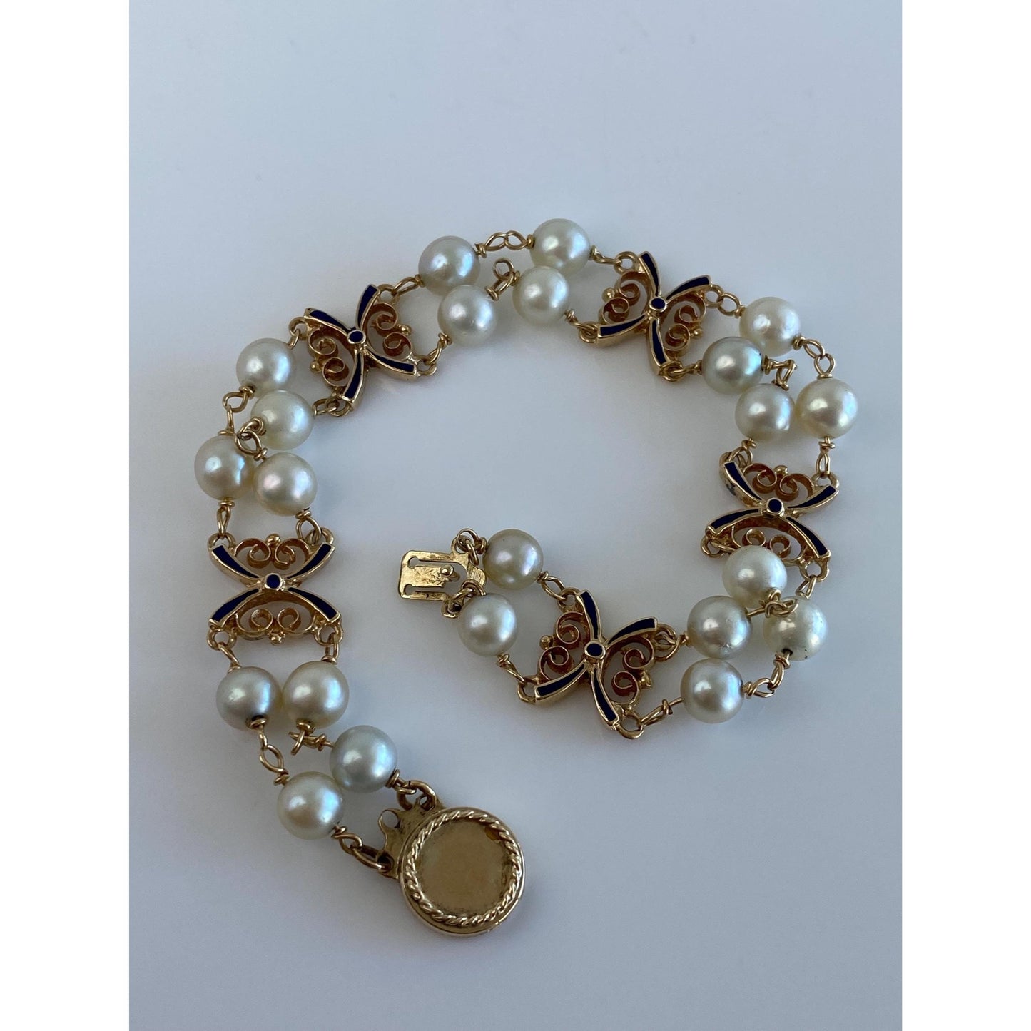 Vintage Solid 14k Yellow Gold Blue Enamel Pearls Link Bracelet - 7.75 inches