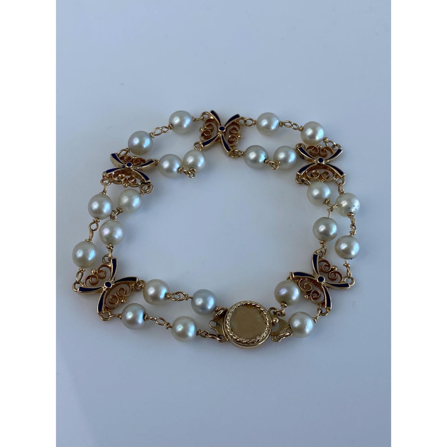 Vintage Solid 14k Yellow Gold Blue Enamel Pearls Link Bracelet - 7.75 inches