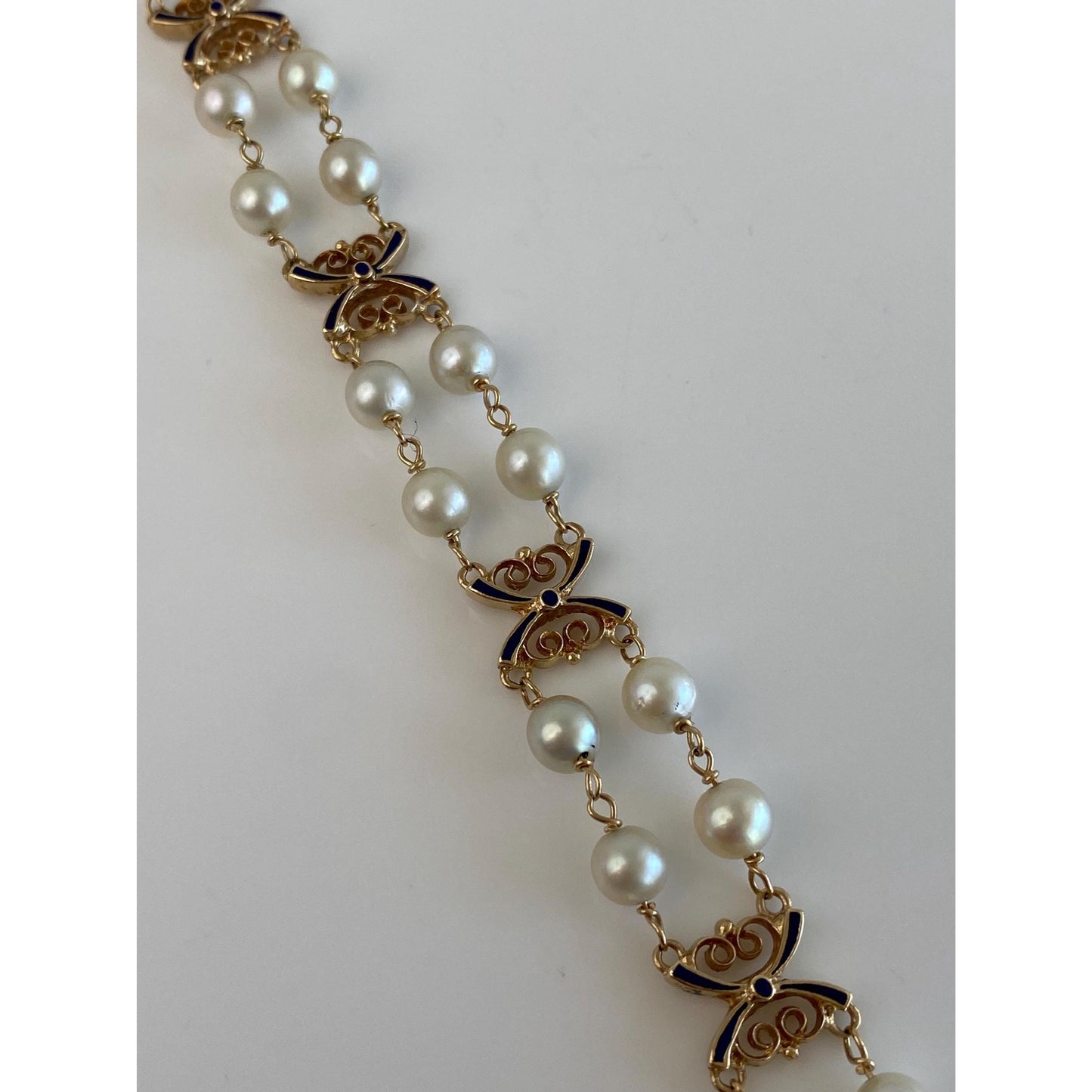 Vintage Solid 14k Yellow Gold Blue Enamel Pearls Link Bracelet - 7.75 inches
