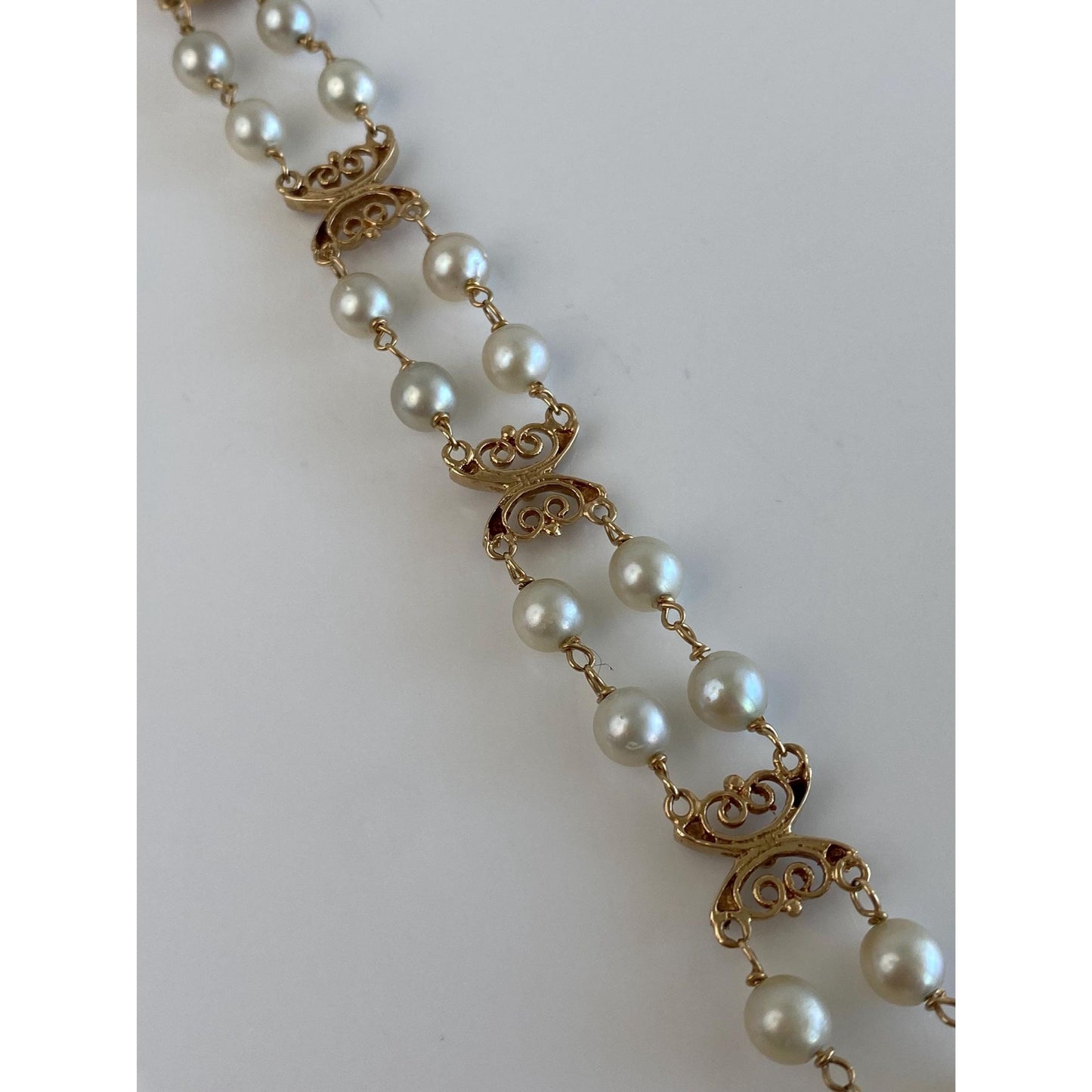 Vintage Solid 14k Yellow Gold Blue Enamel Pearls Link Bracelet - 7.75 inches