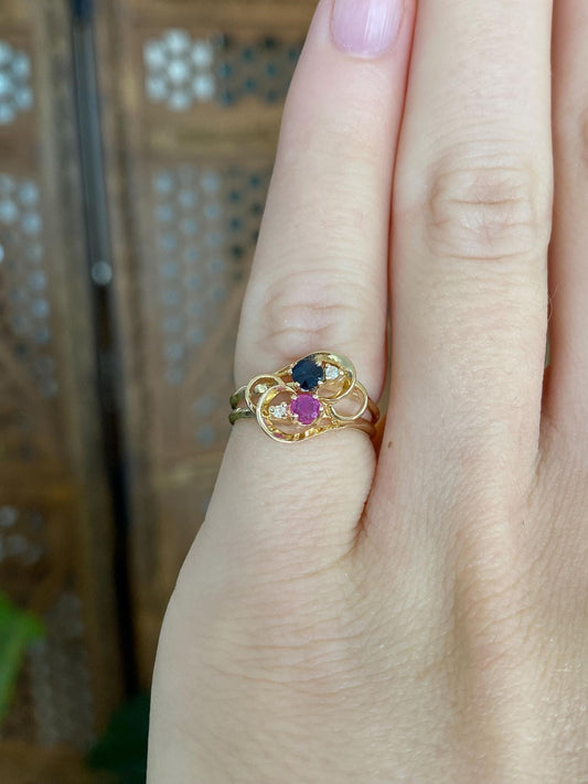 Vintage Solid 14k Yellow Gold Clear Sapphire Blue & Pink Spinel Ring - Size 2.75
