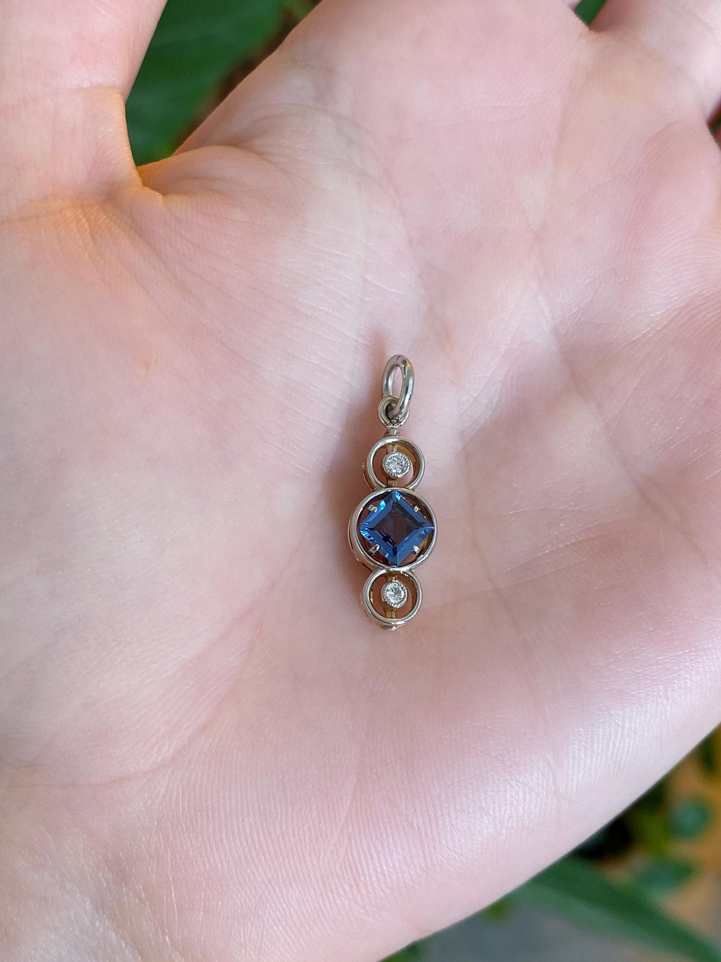 Vintage Solid 14k White & Yellow Gold Diamond Blue Sapphire Charm