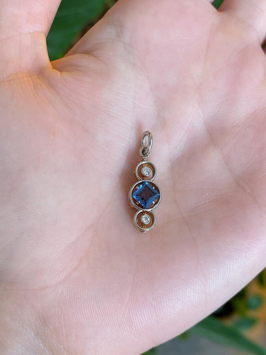 Vintage Solid 14k White & Yellow Gold Diamond Blue Sapphire Charm