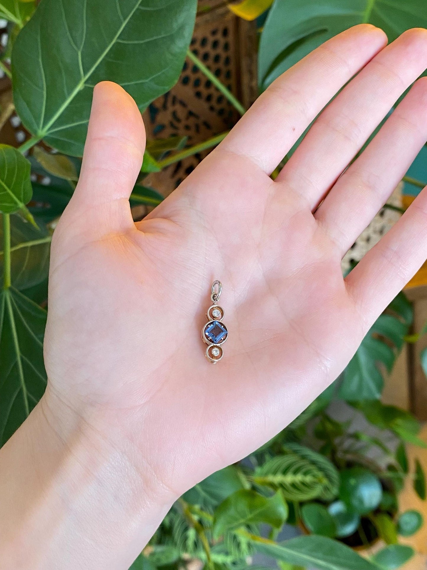 Vintage Solid 14k White & Yellow Gold Diamond Blue Sapphire Charm