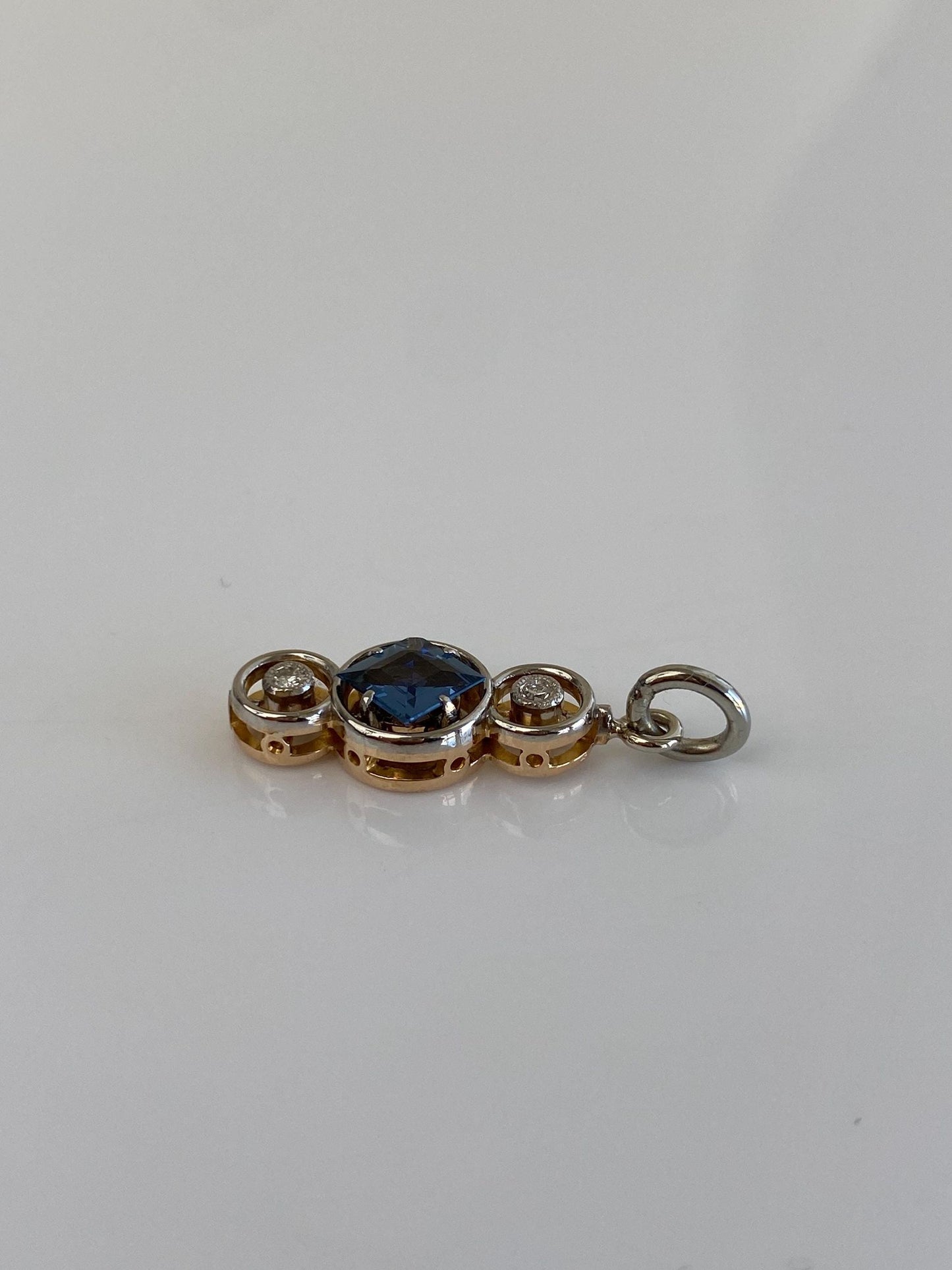 Vintage Solid 14k White & Yellow Gold Diamond Blue Sapphire Charm
