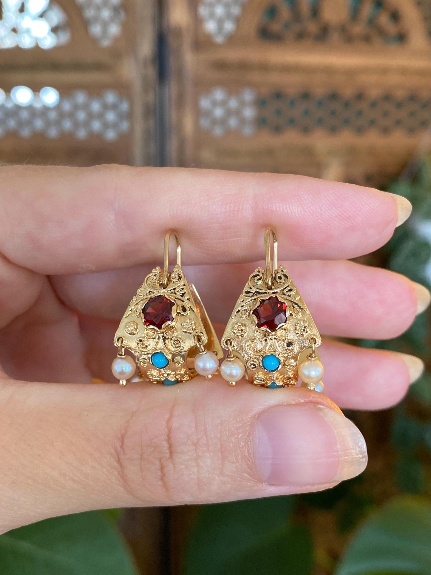 Vintage Solid 14k Yellow Gold Garnet Turquoise Pearl Filigree Hoop Earrings