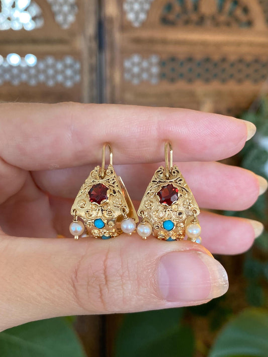 Vintage Solid 14k Yellow Gold Garnet Turquoise Pearl Filigree Hoop Earrings