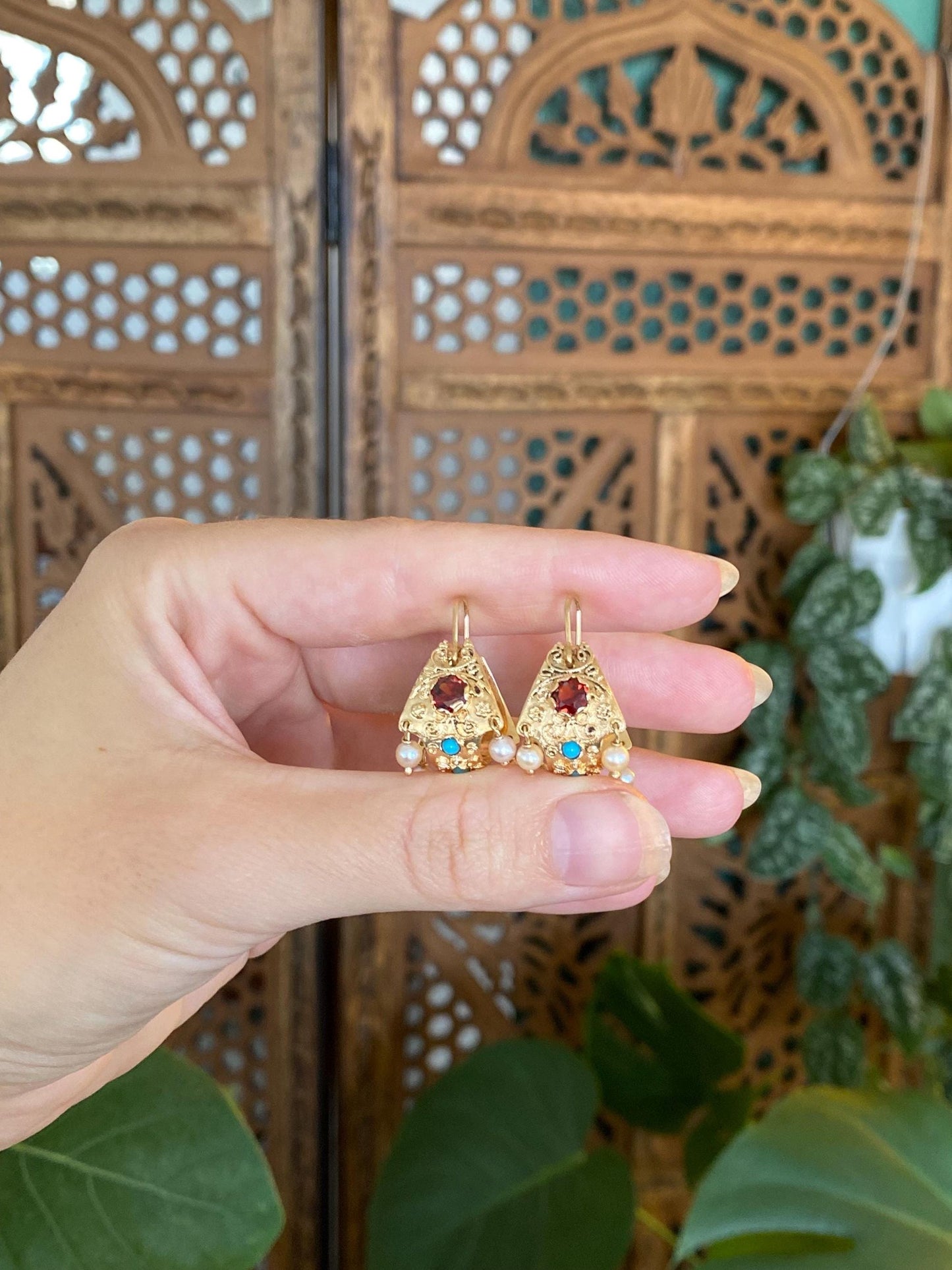 Vintage Solid 14k Yellow Gold Garnet Turquoise Pearl Filigree Hoop Earrings