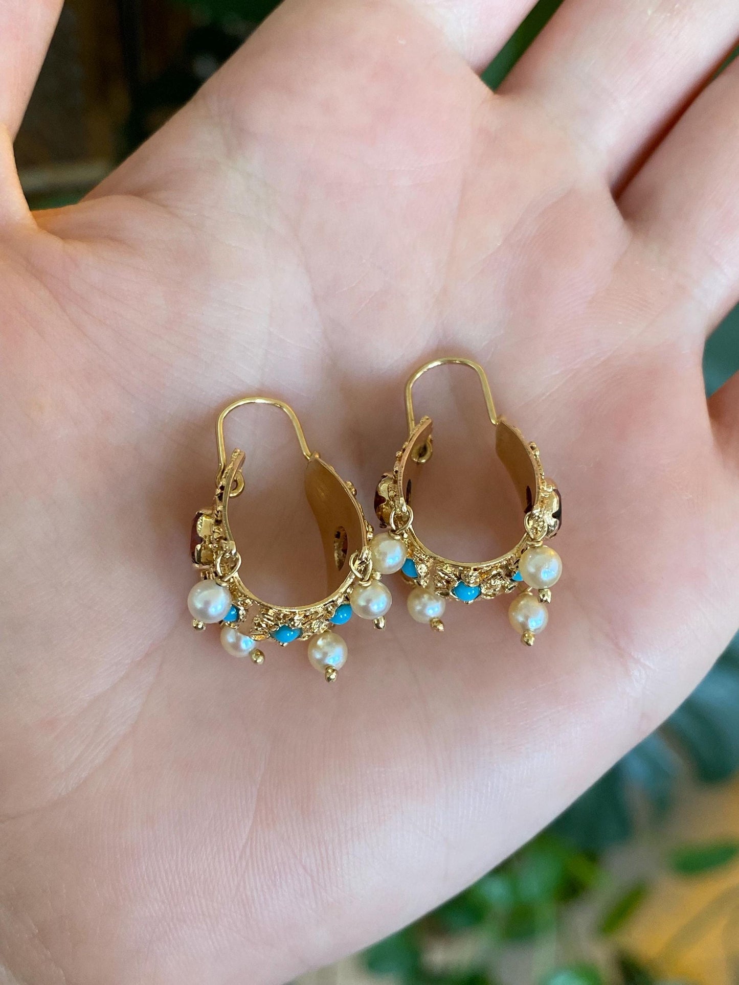 Vintage Solid 14k Yellow Gold Garnet Turquoise Pearl Filigree Hoop Earrings