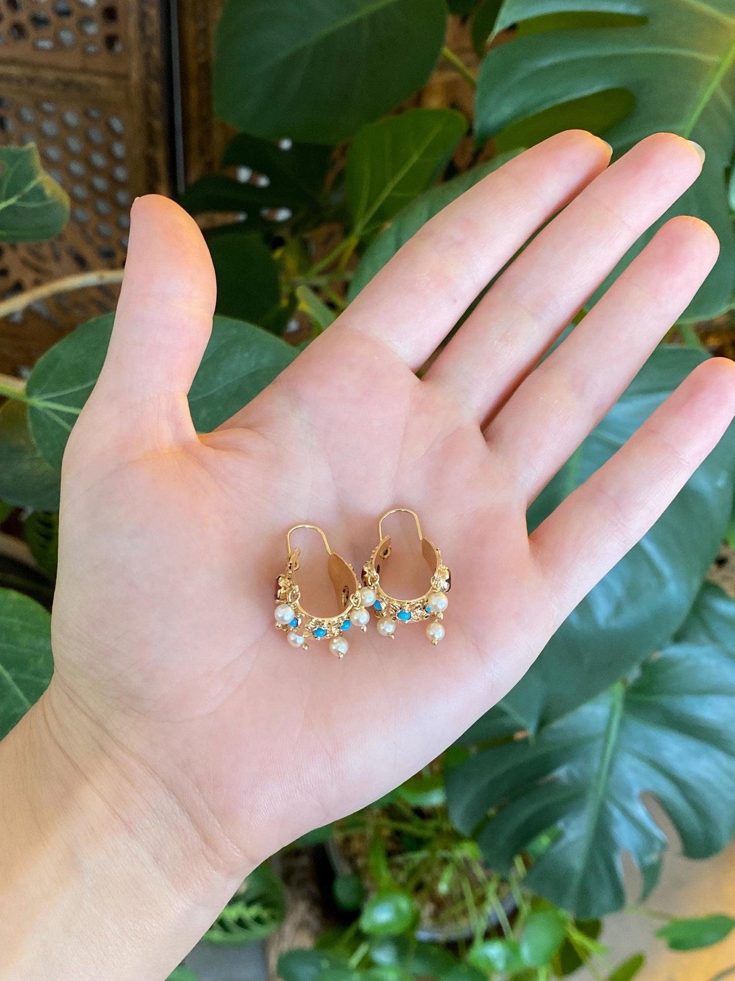 Vintage Solid 14k Yellow Gold Garnet Turquoise Pearl Filigree Hoop Earrings