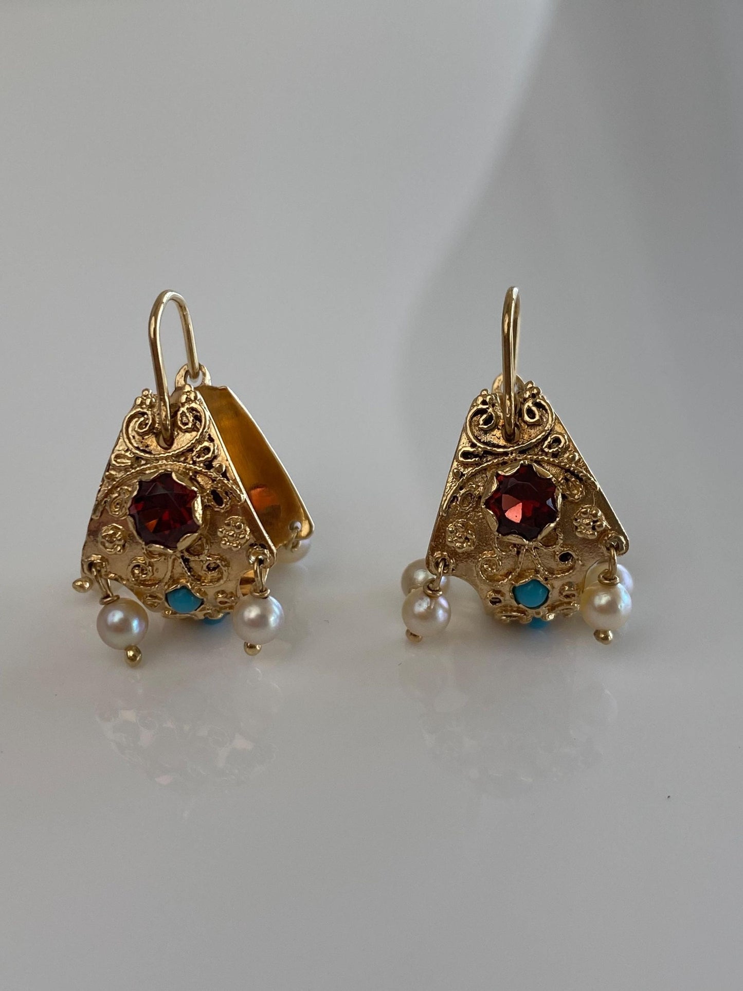Vintage Solid 14k Yellow Gold Garnet Turquoise Pearl Filigree Hoop Earrings