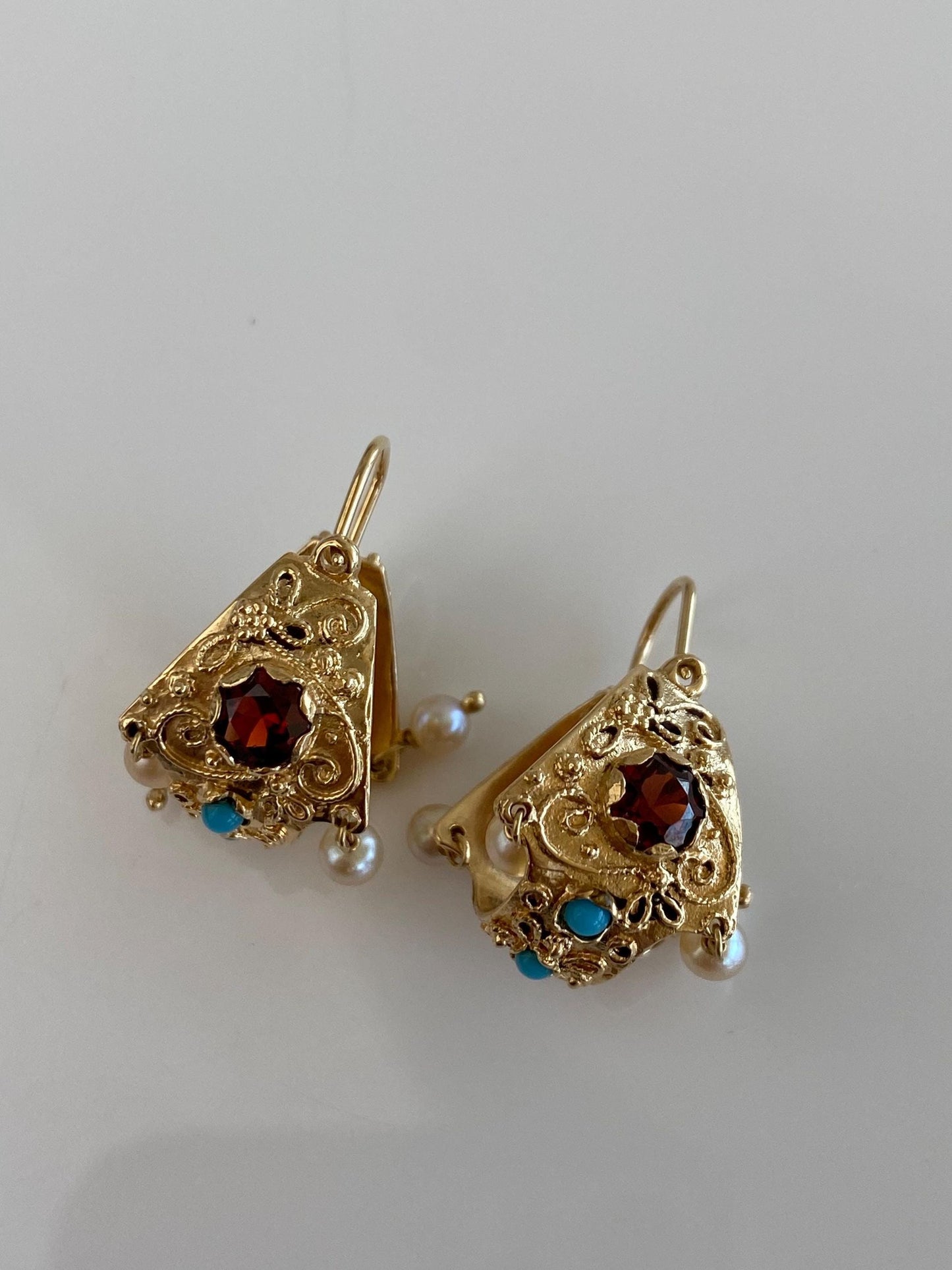 Vintage Solid 14k Yellow Gold Garnet Turquoise Pearl Filigree Hoop Earrings